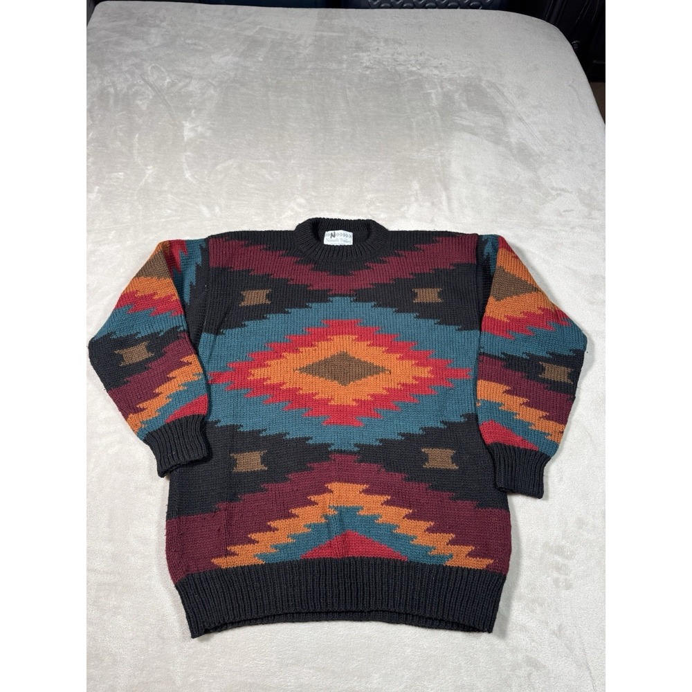 Nomadic Traders Sweater Size Medium Aztec AOP 100% Wool Handmade Peru Pullover